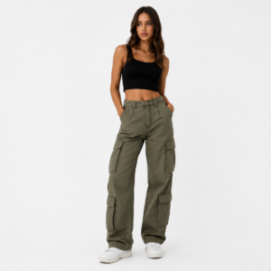 Femme portant un pantalon cargo kaki avec un top noir.